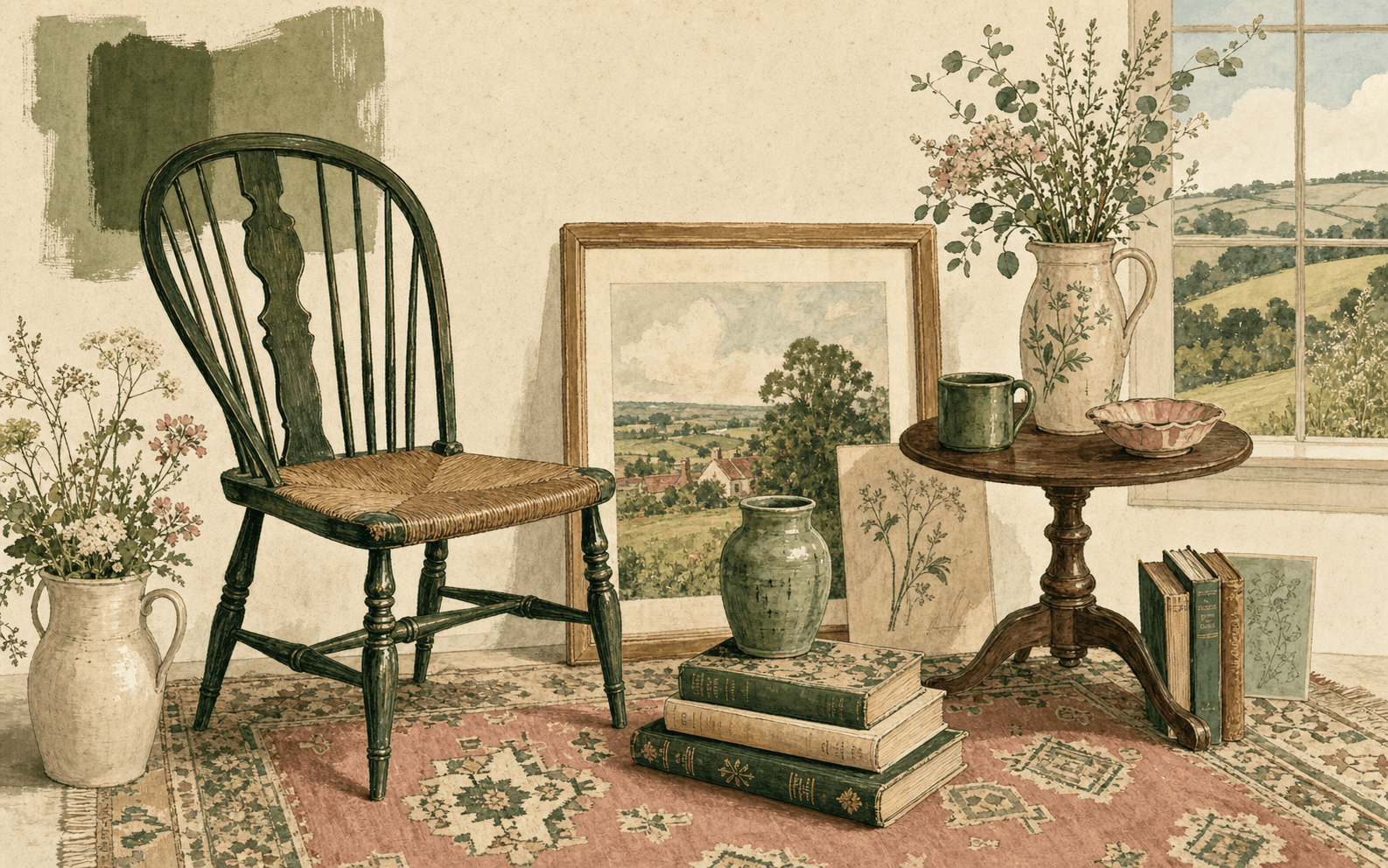 Illustrated British countryside interior with a Windsor chair, ceramics, books, and framed painting
