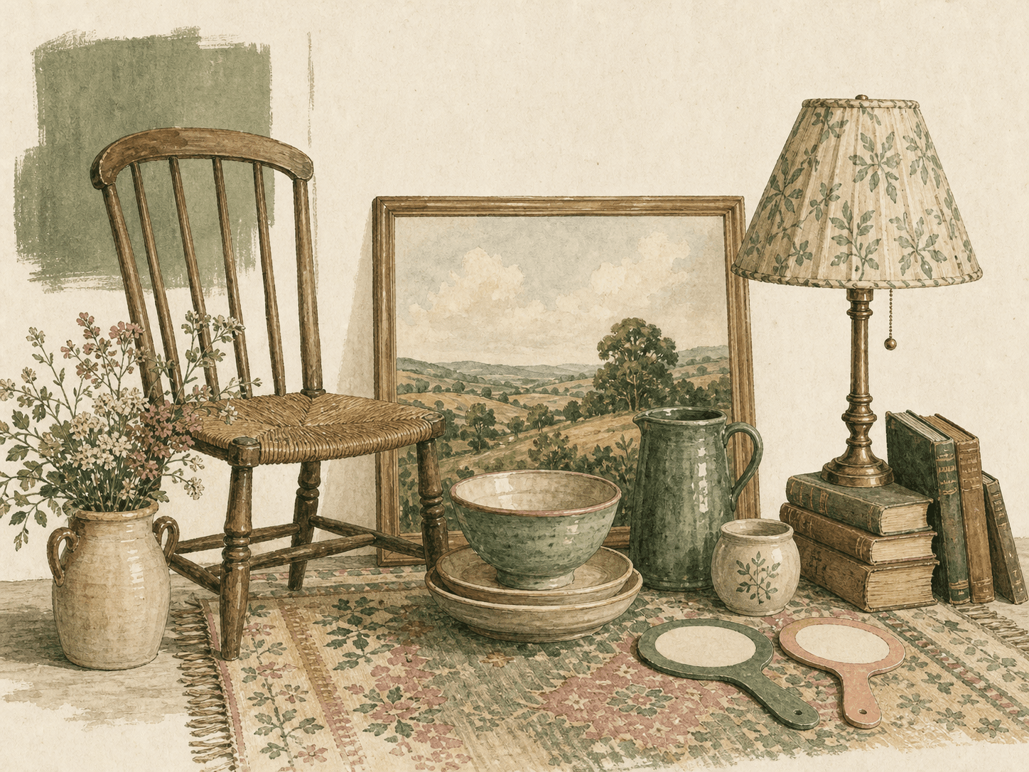 Illustrated auction still life with chair, ceramics, books, lamp, and framed landscape